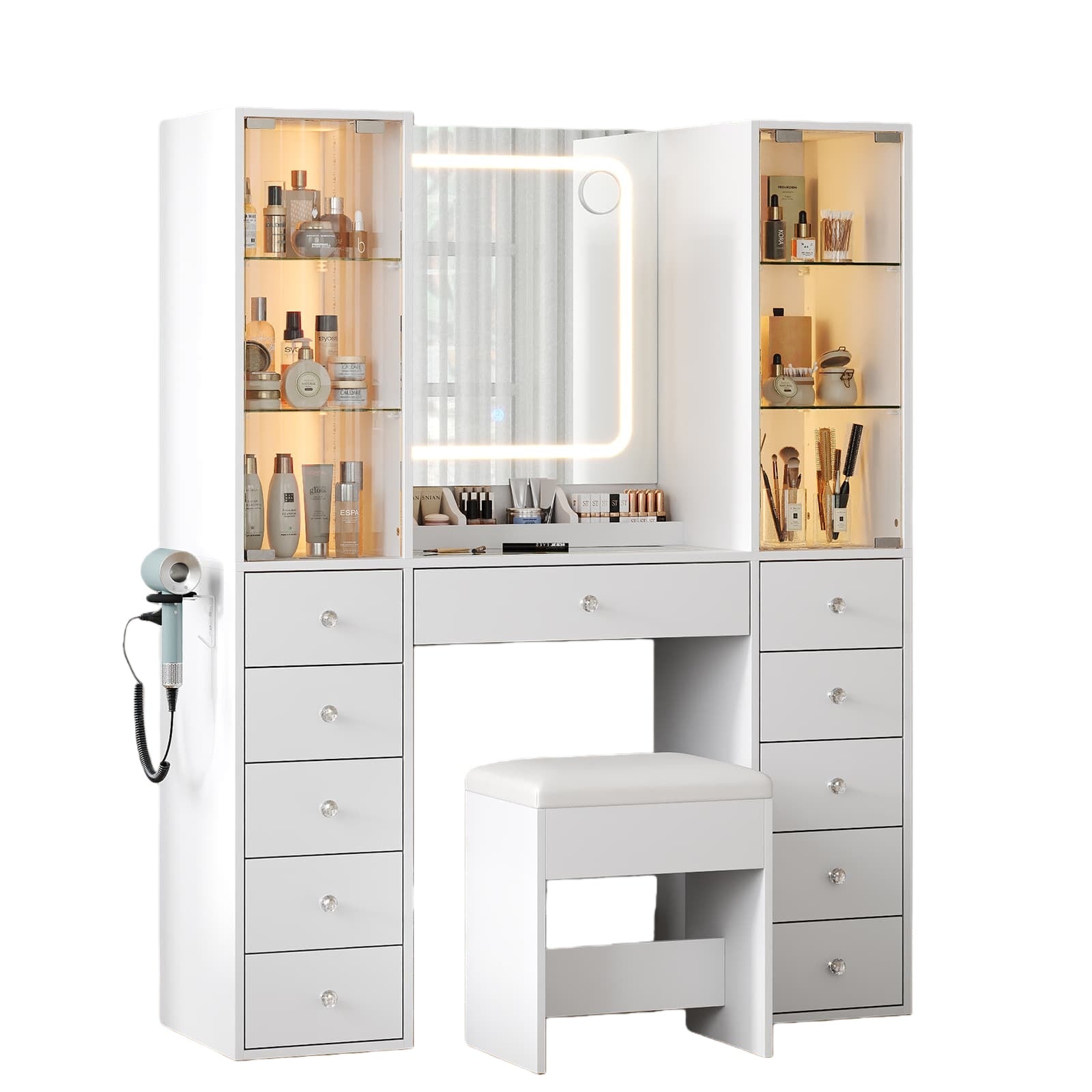 Makeup Vanity desk with mirror, 11 Drawers
