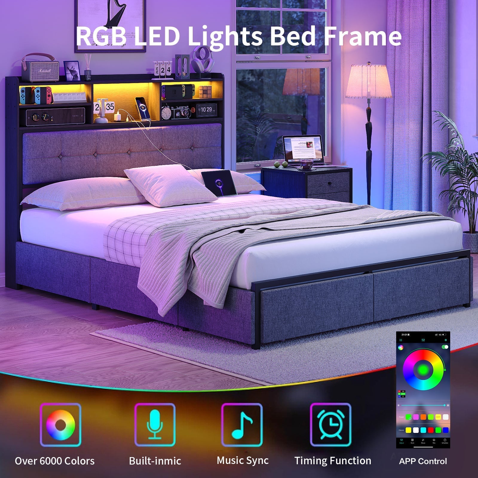 Bed Frame with 6 Drawers, USB Charging, LED Headboard