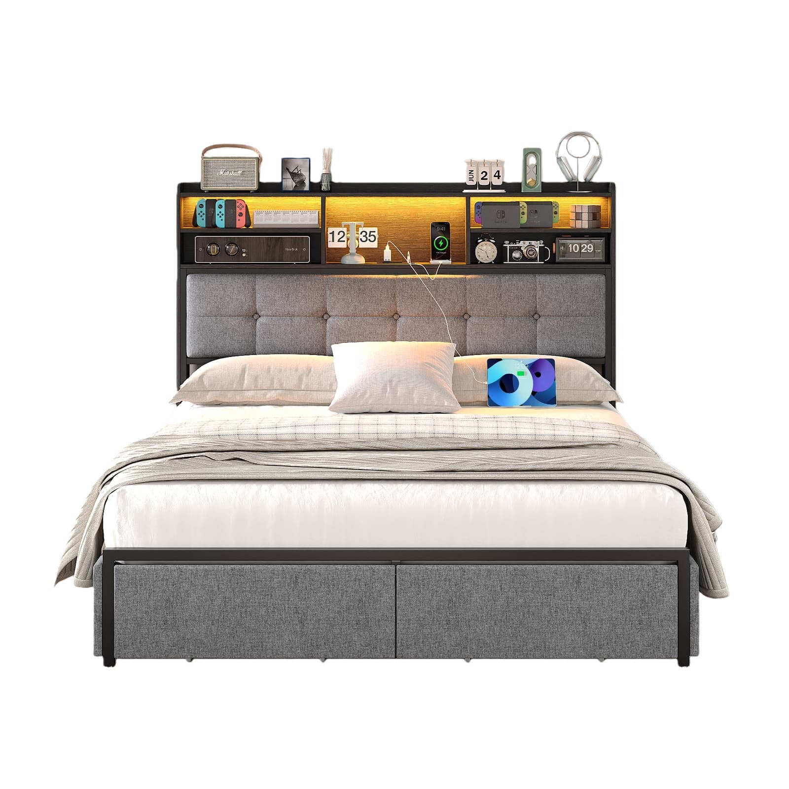 Bed Frame with 6 Drawers, USB Charging, LED Headboard