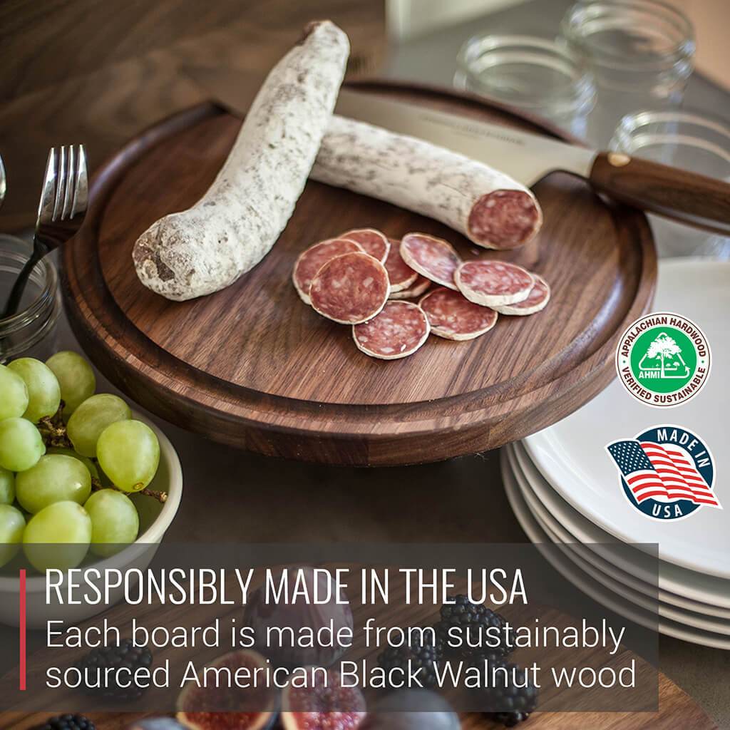 Virginia Boys Kitchens Cutting Board 10.5 Inch Round Walnut Cheese Board with Groove