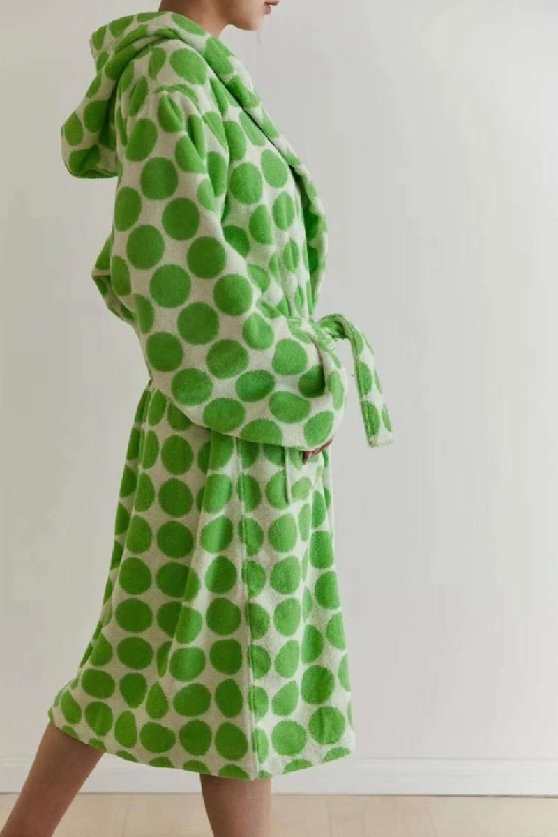 Whimsical Polka Dot Hooded Bath Robe - 100% Organic Long - stapled Cotton - Whimsical Polka Dot Bath Robe - Green - INSPECIAL HOME