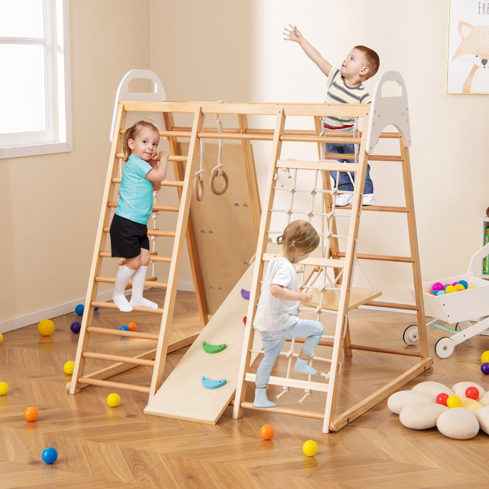 8-in-1 Wooden Jungle Gym Playset with Slide and Monkey Bars-Natural