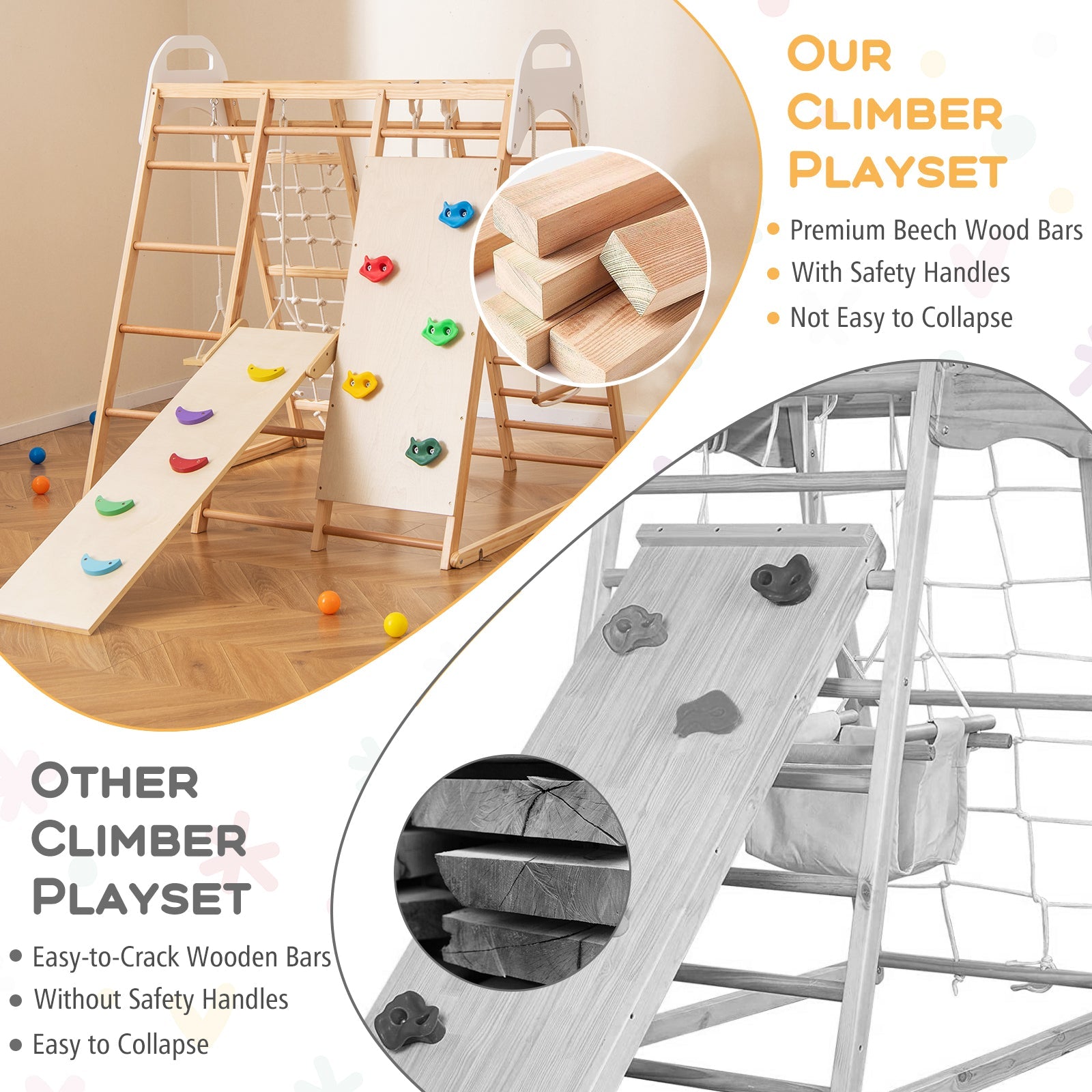 8-in-1 Wooden Jungle Gym Playset with Slide and Monkey Bars-Natural