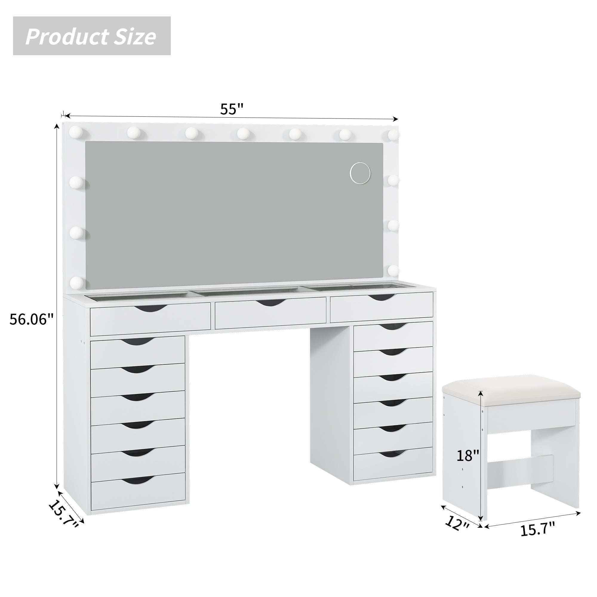 Yanosaku VD008 Bedroom Makeup Vanity desk with LED Mirro, 15 Drawers