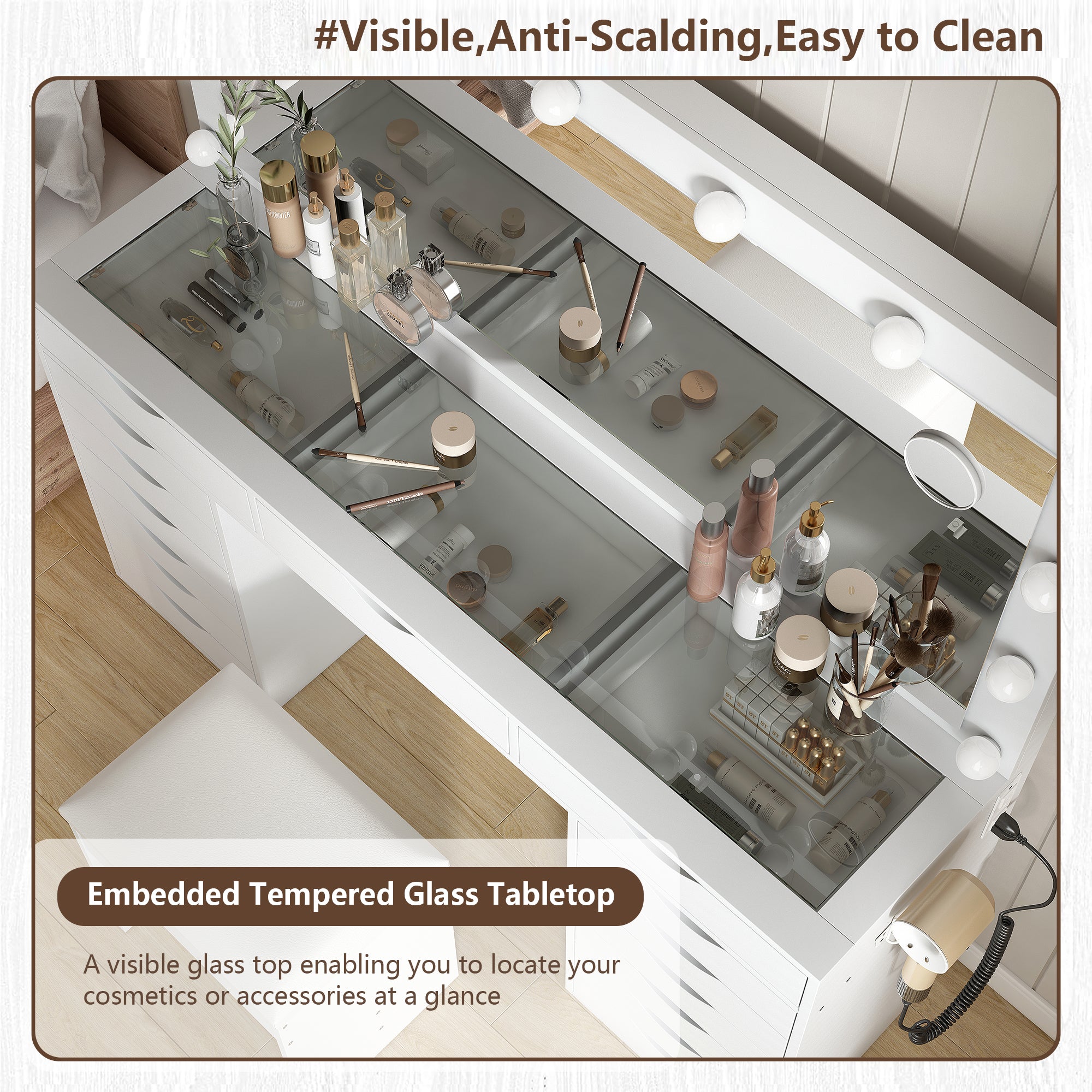 Yanosaku VD008 Bedroom Makeup Vanity desk with LED Mirro, 15 Drawers