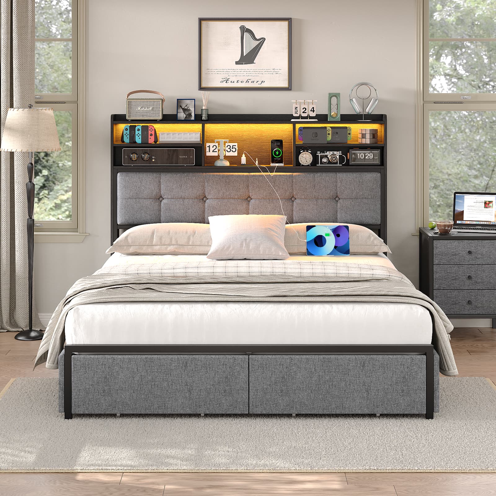 Yanosaku BF011-BL Full/Queen/King Bed Frame with 6 Drawers, Easy Assembly, USB Charging, LED Headboard, No Box Spring Needed
