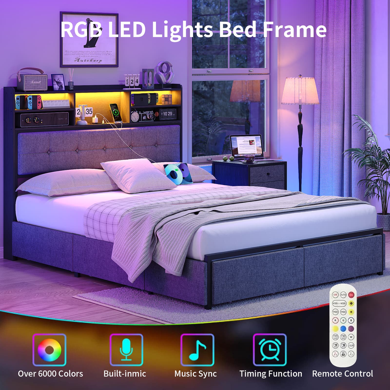 Yanosaku BF011-BL Full/Queen/King Bed Frame with 6 Drawers, Easy Assembly, USB Charging, LED Headboard, No Box Spring Needed