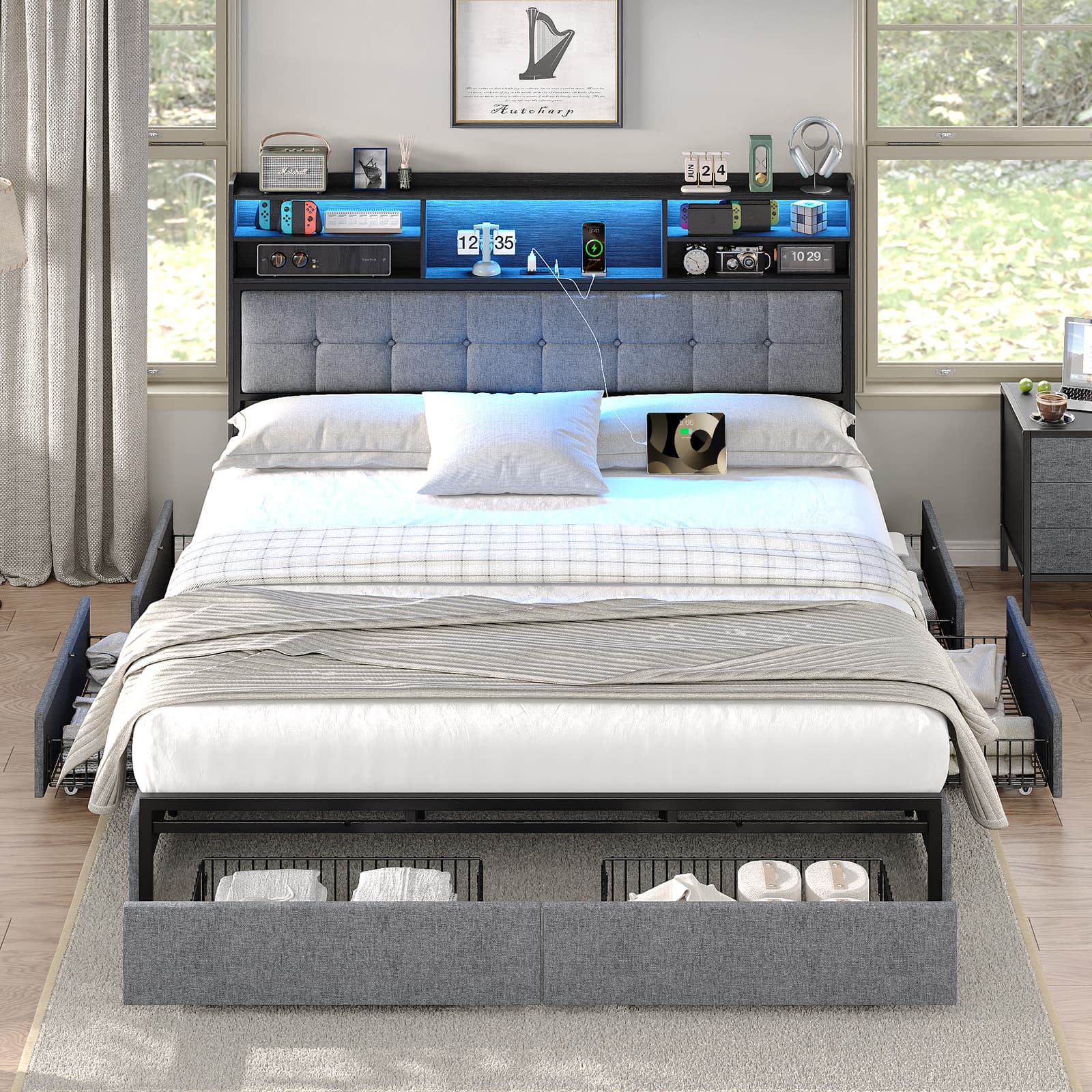 Yanosaku BF011-BL Full/Queen/King Bed Frame with 6 Drawers, Easy Assembly, USB Charging, LED Headboard, No Box Spring Needed