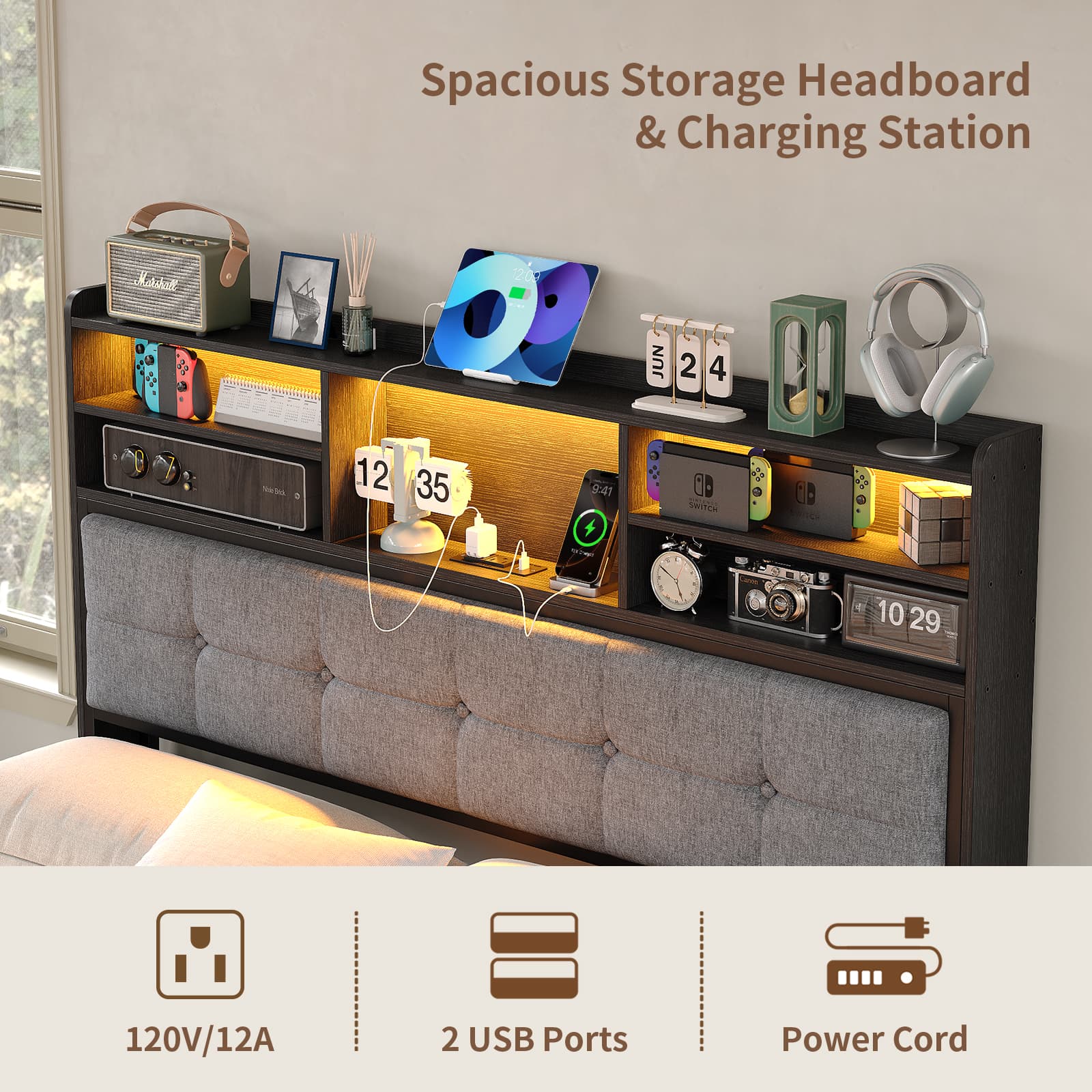 Yanosaku BF011-BL Full/Queen/King Bed Frame with 6 Drawers, Easy Assembly, USB Charging, LED Headboard, No Box Spring Needed