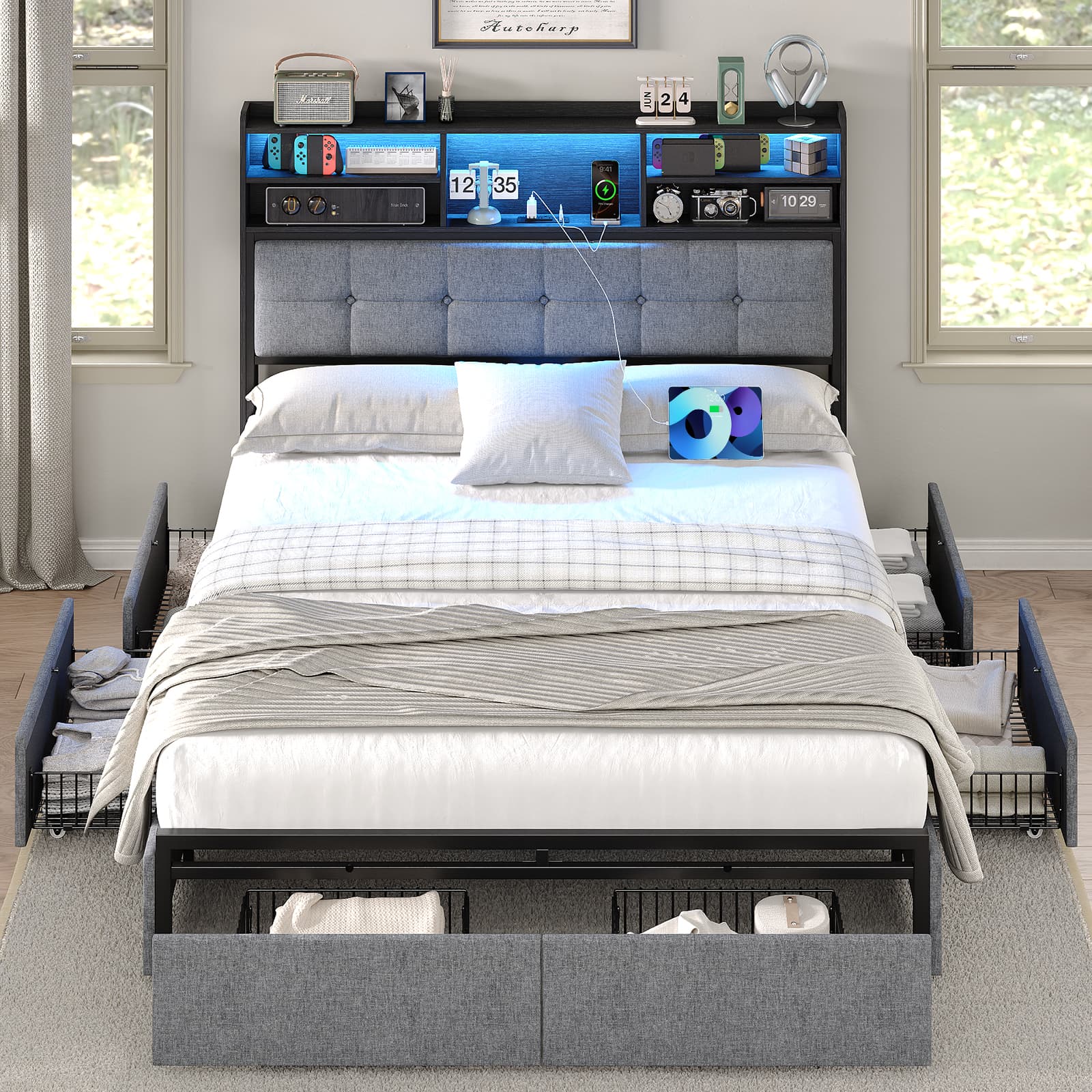 Bed Frame with 6 Drawers, USB Charging, LED Headboard