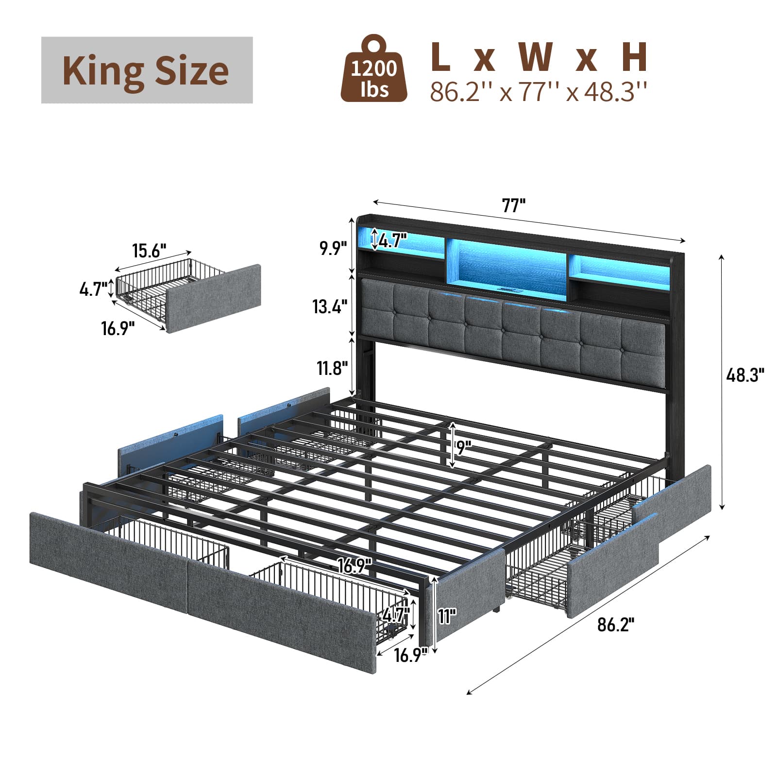 Yanosaku BF011-BL Full/Queen/King Bed Frame with 6 Drawers, Easy Assembly, USB Charging, LED Headboard, No Box Spring Needed