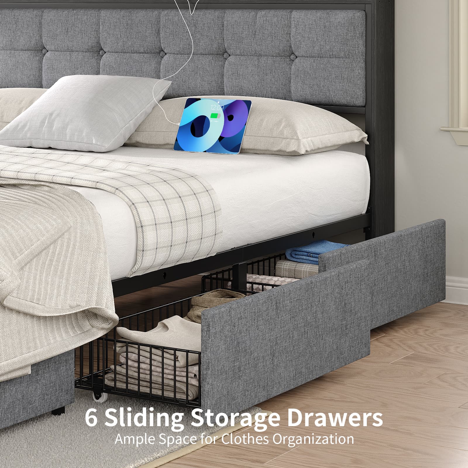 Yanosaku BF011-BL Full/Queen/King Bed Frame with 6 Drawers, Easy Assembly, USB Charging, LED Headboard, No Box Spring Needed