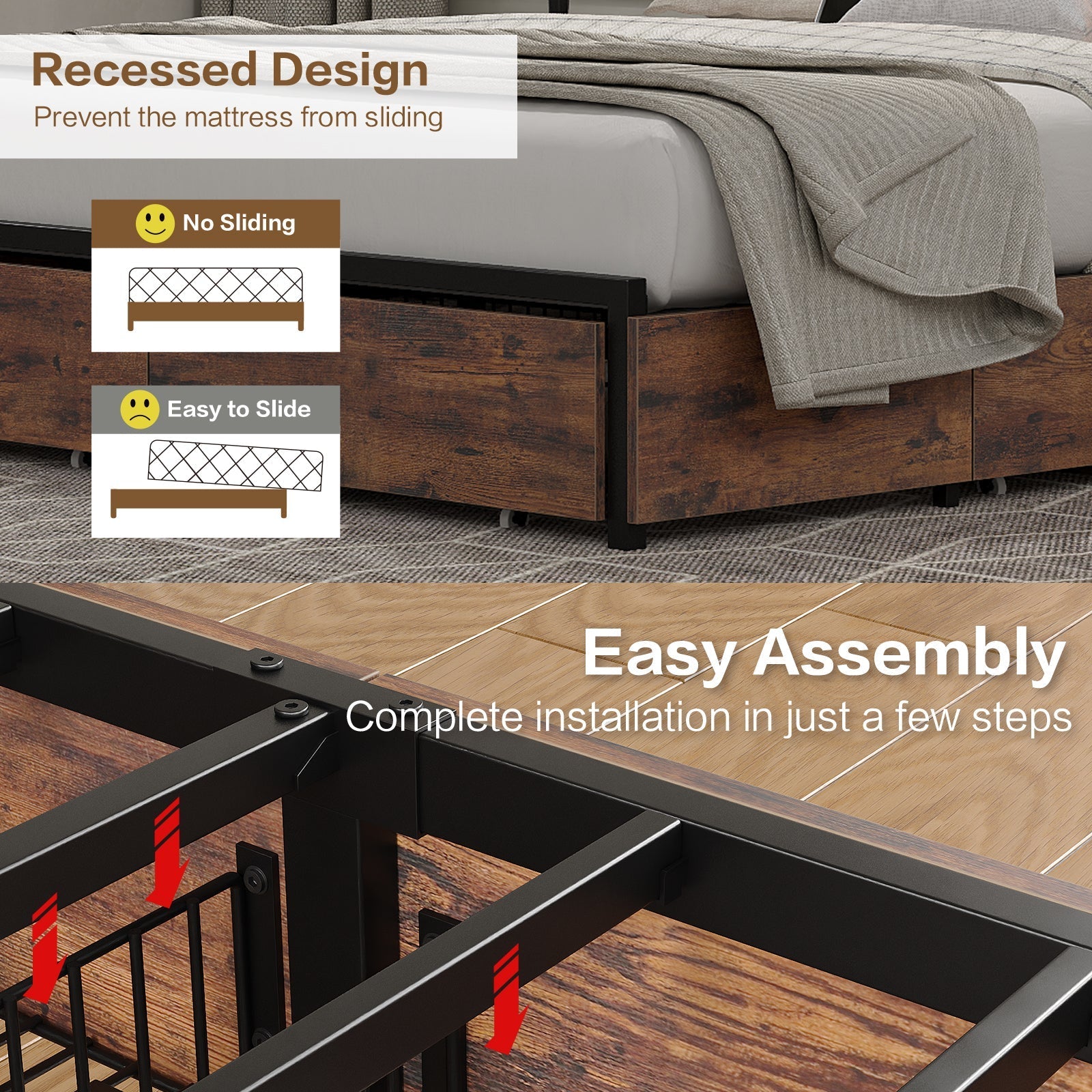 Bed Frame with LED Headboard, Charging Ports