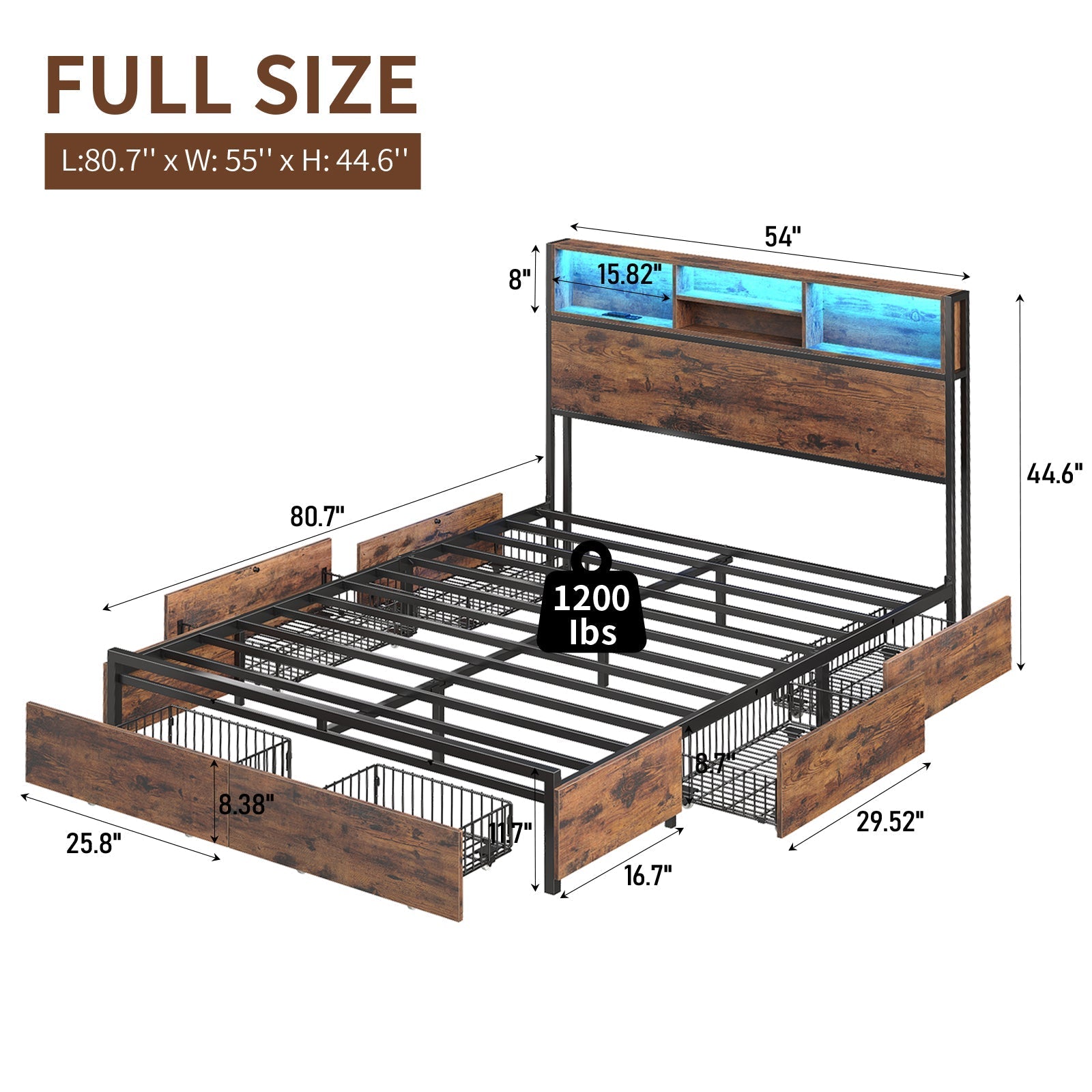 Yanosaku BF012-BR Full/Queen/King Bed Frame with LED Headboard, Charging Ports, 6 Storage Drawers, Shelf, Easy Assembly, No Box Spring Needed