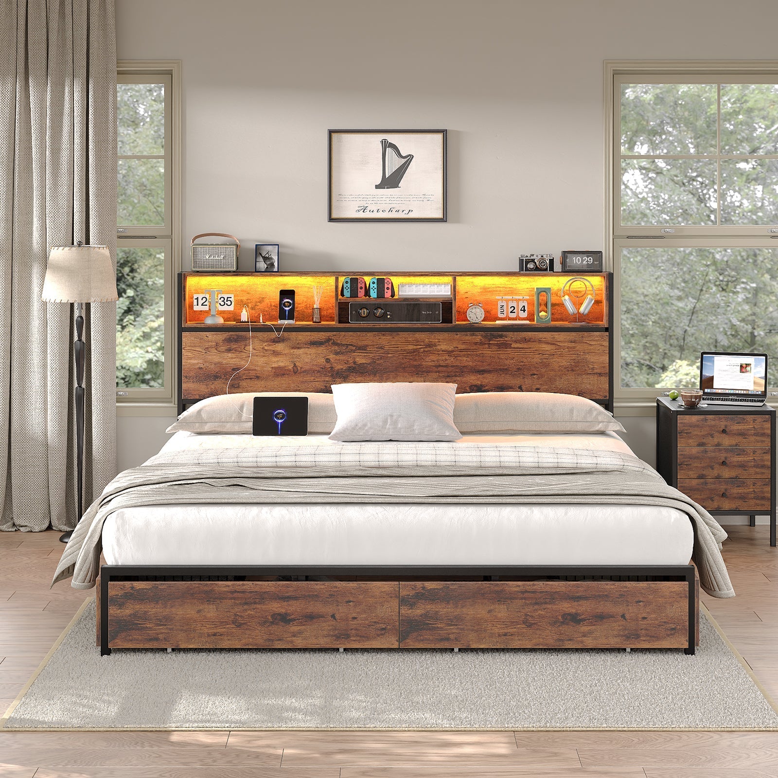 Bed Frame with LED Headboard, Charging Ports