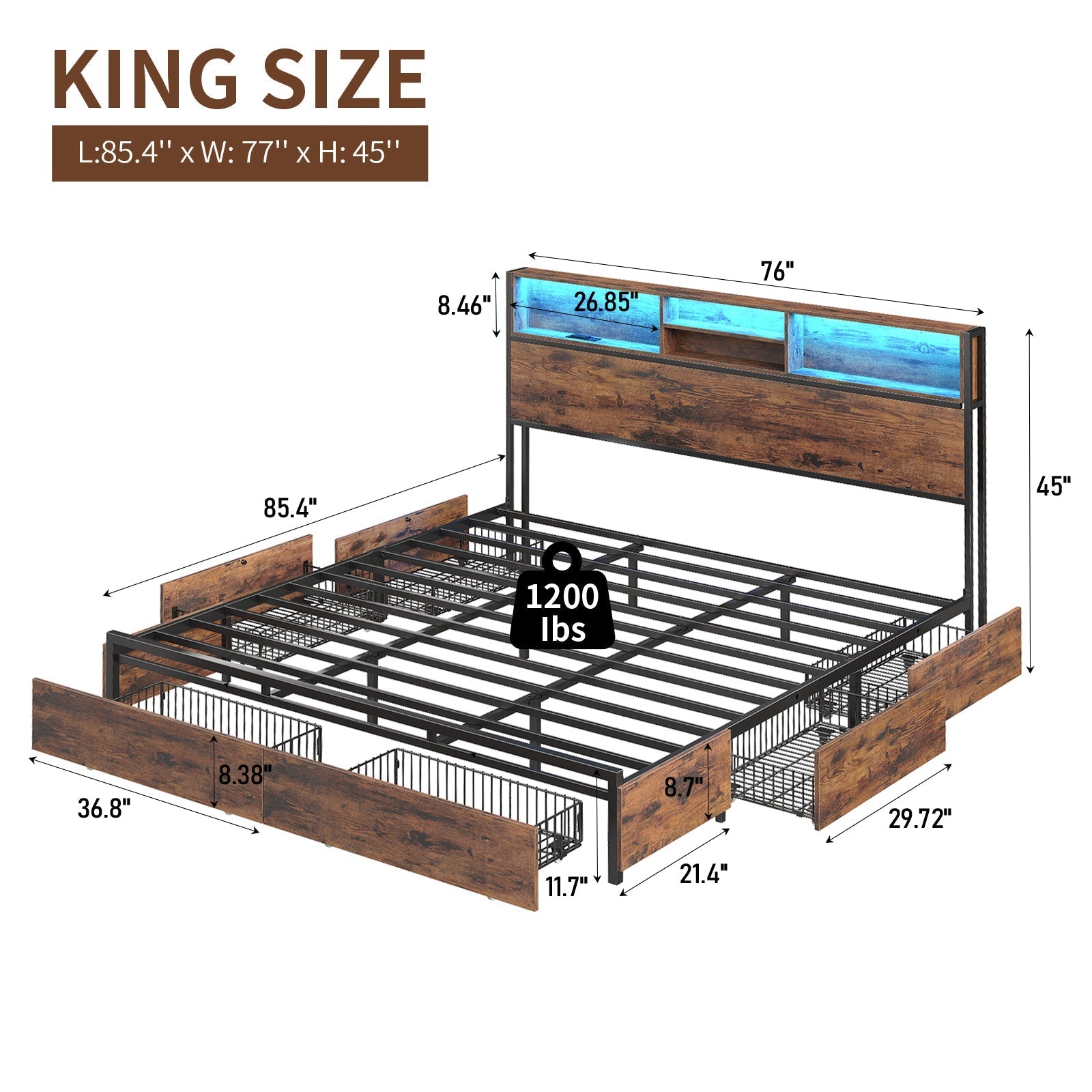 Bed Frame with LED Headboard, Charging Ports