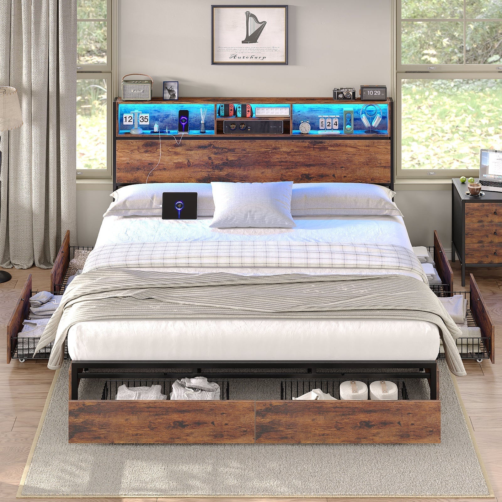 Bed Frame with LED Headboard, Charging Ports