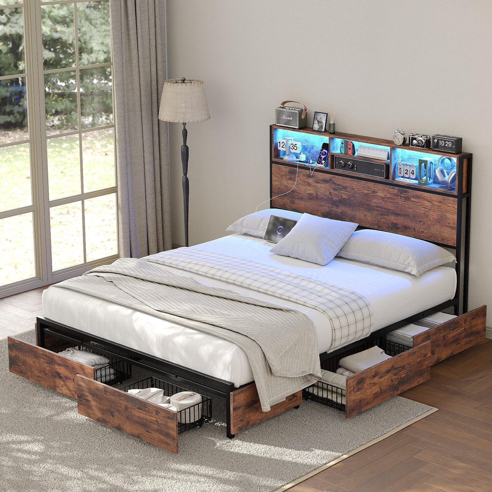Bed Frame with LED Headboard, Charging Ports