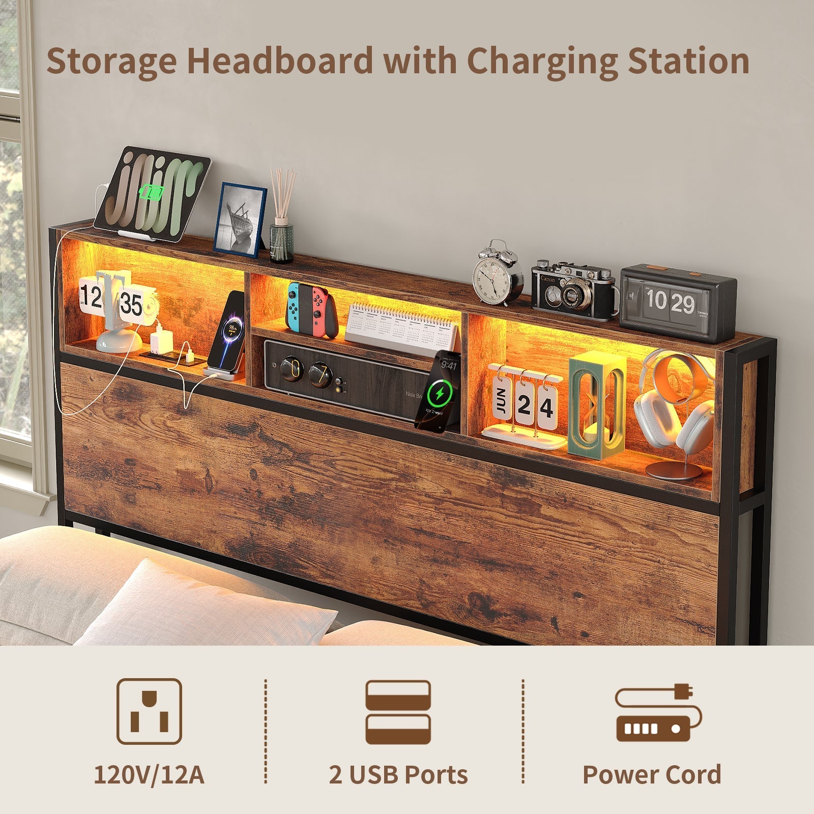 Bed Frame with LED Headboard, Charging Ports