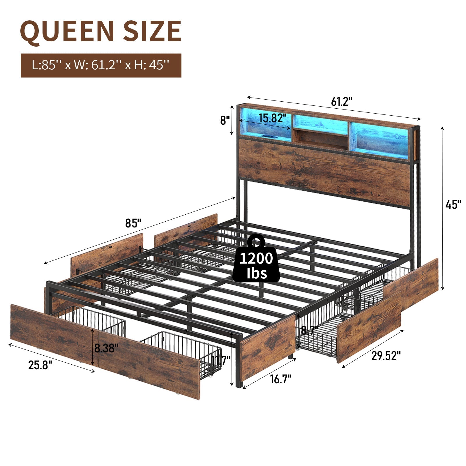 Bed Frame with LED Headboard, Charging Ports