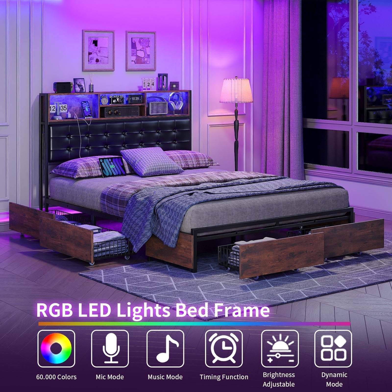 Yanosaku BF013-BR Full/Queen/King Bed Frame with RGB LED Headboard, Charging, 6 Drawers, Upholstered, Heavy-Duty, Easy Assembly, No Box Spring