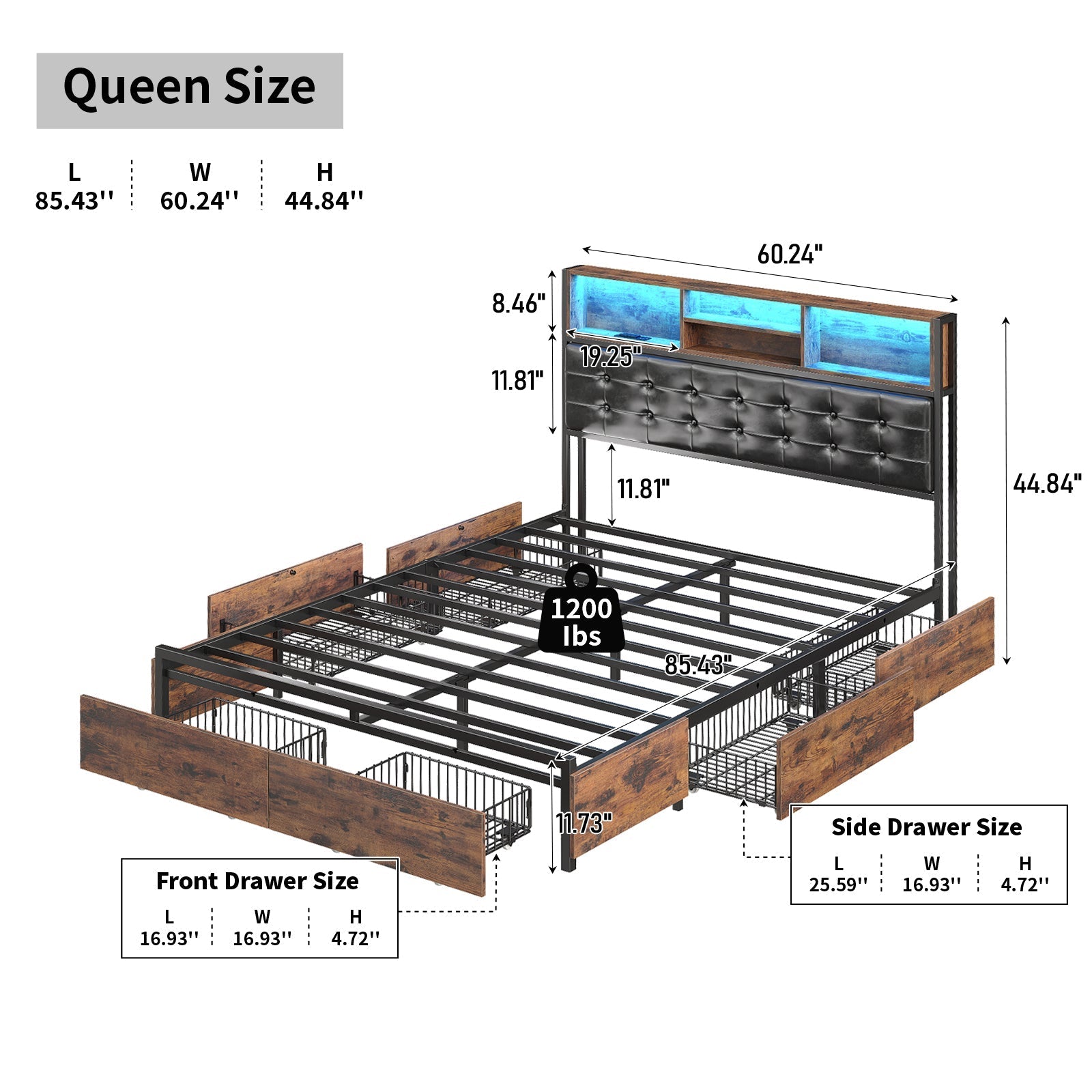 Yanosaku BF013-BR Full/Queen/King Bed Frame with RGB LED Headboard, Charging, 6 Drawers, Upholstered, Heavy-Duty, Easy Assembly, No Box Spring