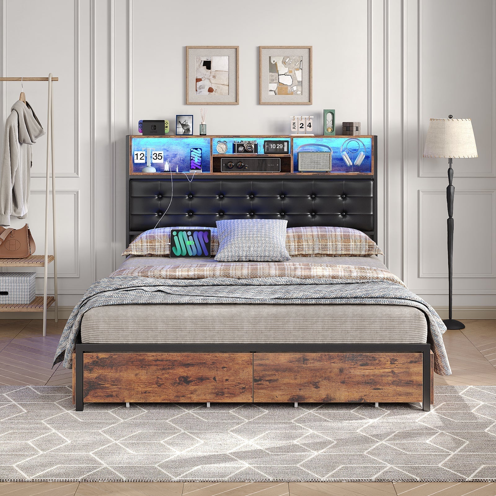 Yanosaku BF013-BR Full/Queen/King Bed Frame with RGB LED Headboard, Charging, 6 Drawers, Upholstered, Heavy-Duty, Easy Assembly, No Box Spring