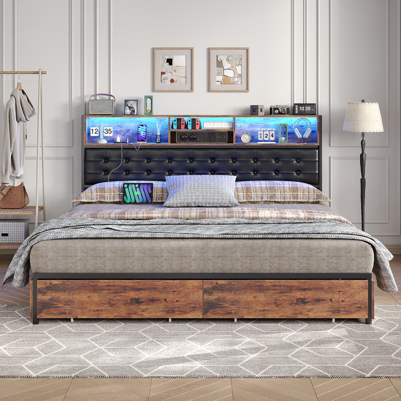 Yanosaku BF013-BR Full/Queen/King Bed Frame with RGB LED Headboard, Charging, 6 Drawers, Upholstered, Heavy-Duty, Easy Assembly, No Box Spring