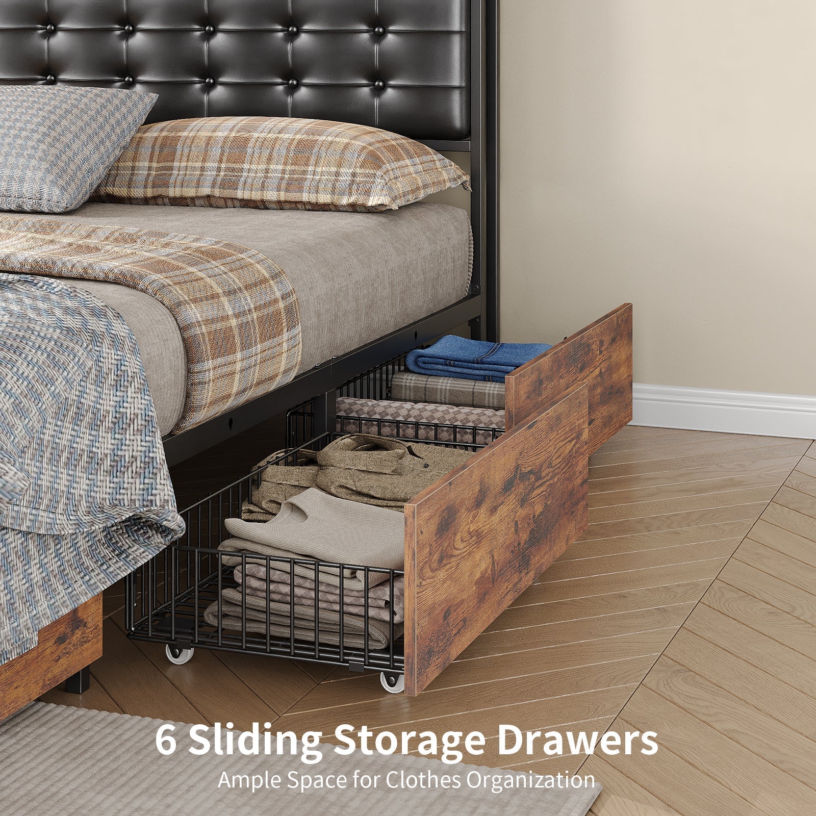 Yanosaku BF013-BR Full/Queen/King Bed Frame with RGB LED Headboard, Charging, 6 Drawers, Upholstered, Heavy-Duty, Easy Assembly, No Box Spring