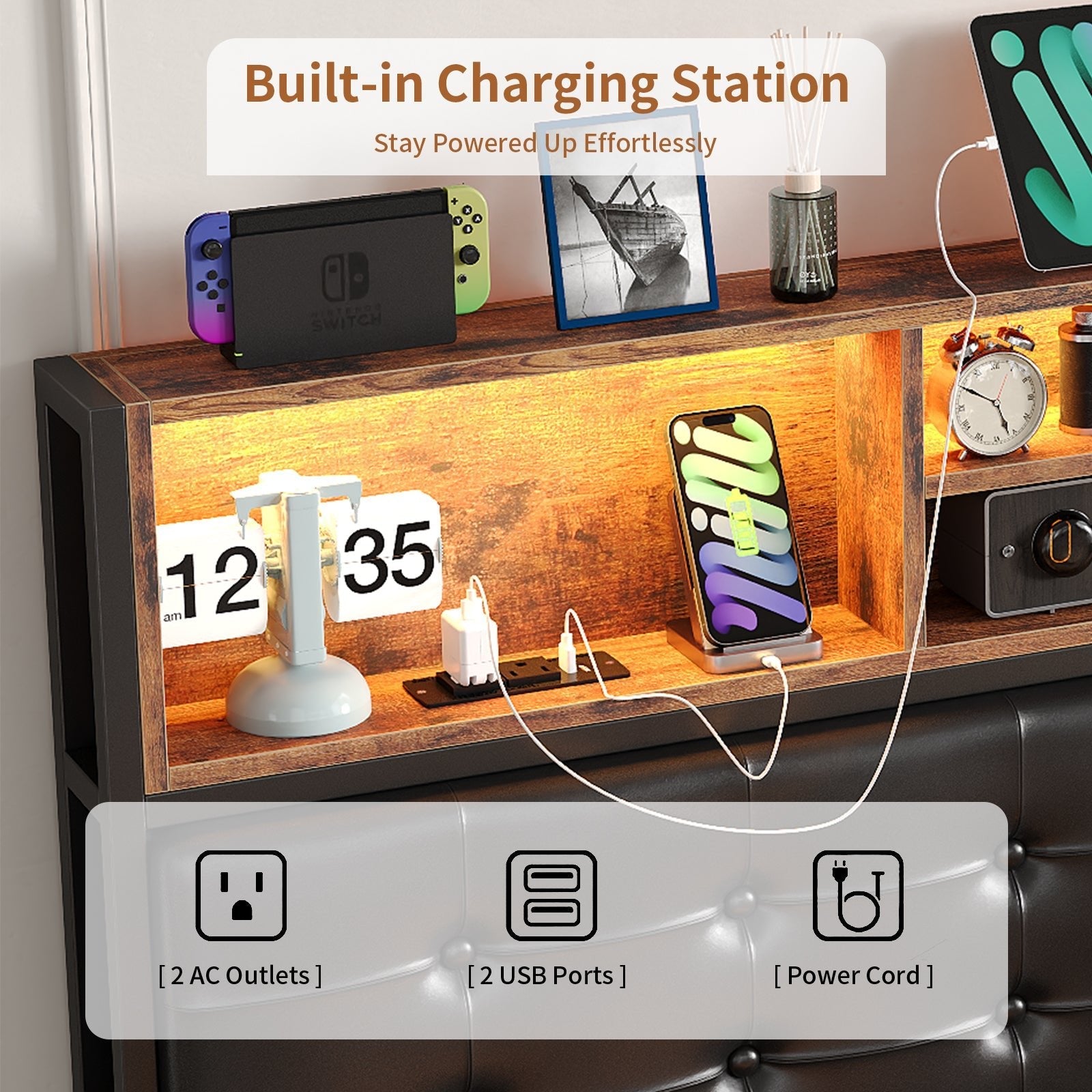 Yanosaku BF013-BR Full/Queen/King Bed Frame with RGB LED Headboard, Charging, 6 Drawers, Upholstered, Heavy-Duty, Easy Assembly, No Box Spring