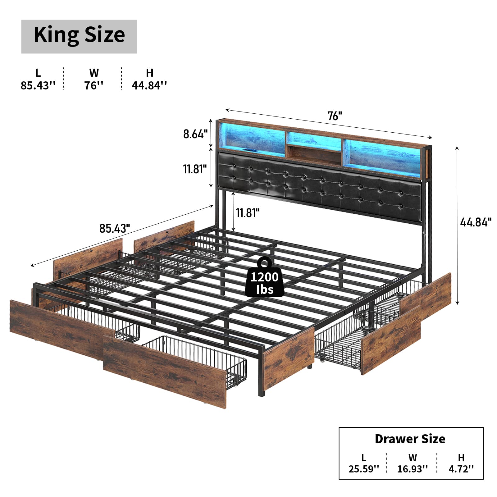 Yanosaku BF013-BR Full/Queen/King Bed Frame with RGB LED Headboard, Charging, 6 Drawers, Upholstered, Heavy-Duty, Easy Assembly, No Box Spring