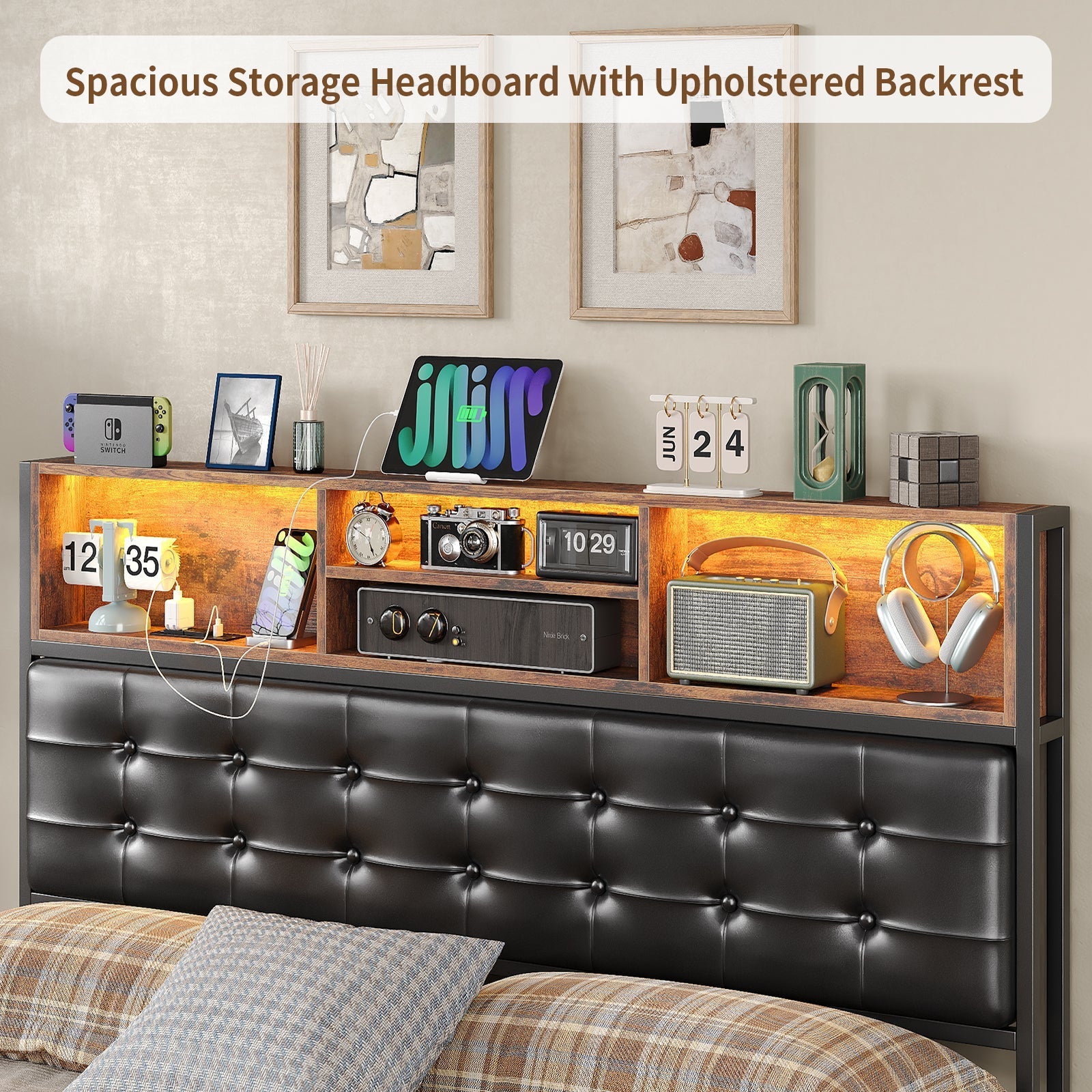 Yanosaku BF013-BR Full/Queen/King Bed Frame with RGB LED Headboard, Charging, 6 Drawers, Upholstered, Heavy-Duty, Easy Assembly, No Box Spring