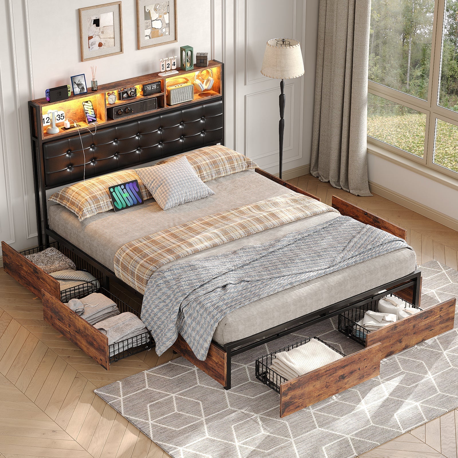 Yanosaku BF013-BR Full/Queen/King Bed Frame with RGB LED Headboard, Charging, 6 Drawers, Upholstered, Heavy-Duty, Easy Assembly, No Box Spring