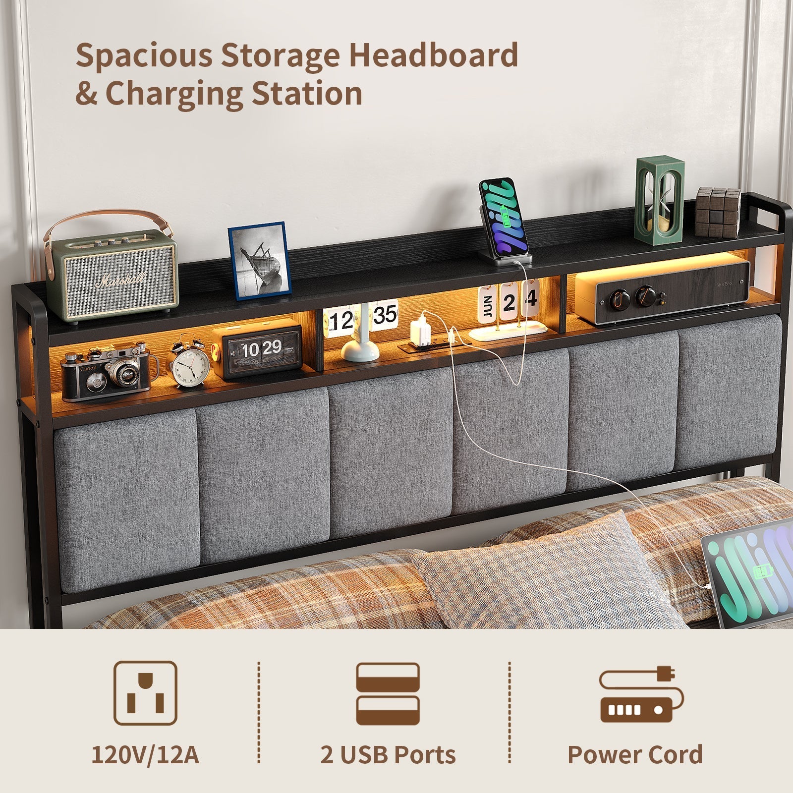 Yanosaku BF016-BL Full/Queen Bed Frame with RGB LED Headboard, Charging Station, 2 Drawers, 2 USB & 2 AC Outlets, Easy Assembly, No Box Spring, Black