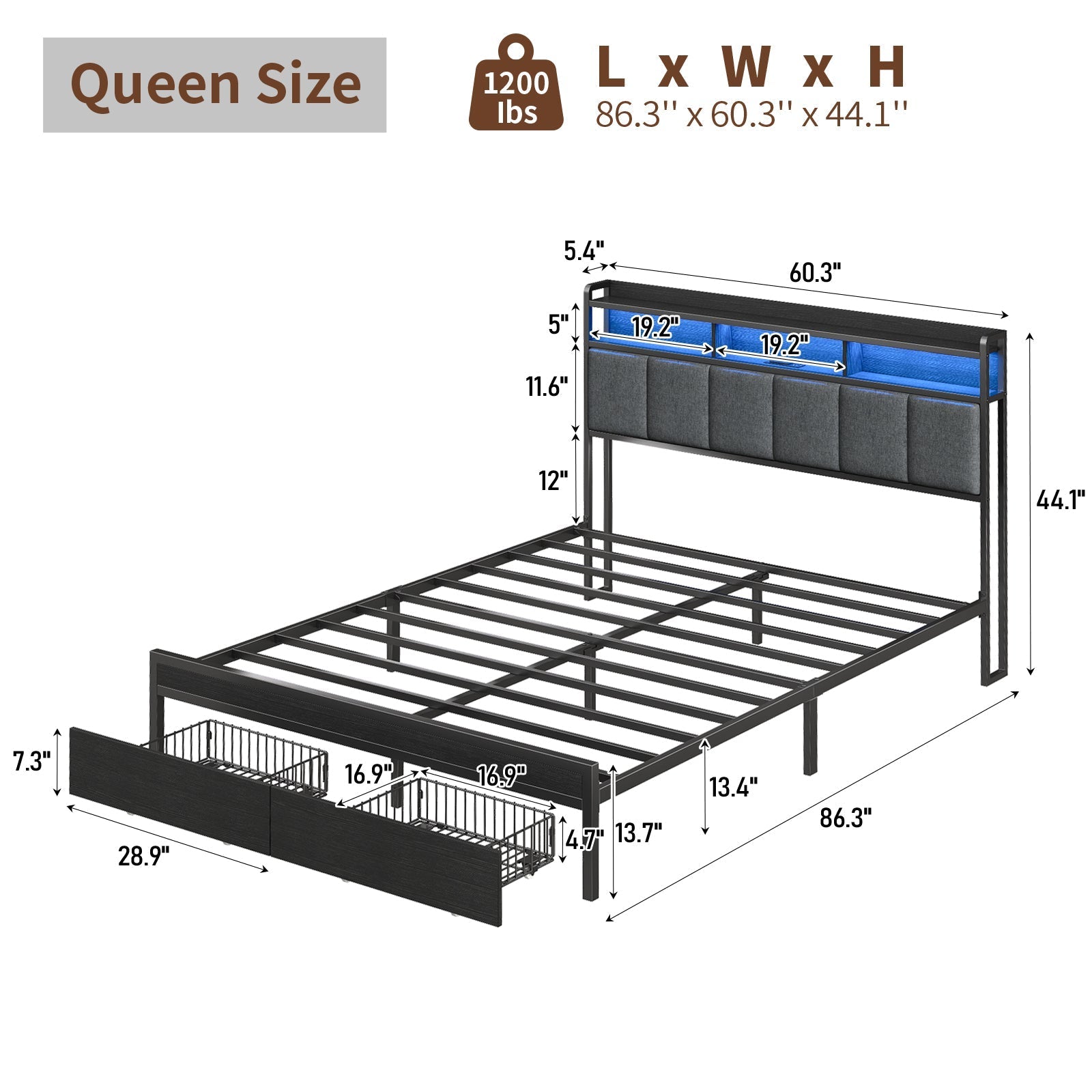 Yanosaku BF016-BL Full/Queen Bed Frame with RGB LED Headboard, Charging Station, 2 Drawers, 2 USB & 2 AC Outlets, Easy Assembly, No Box Spring, Black