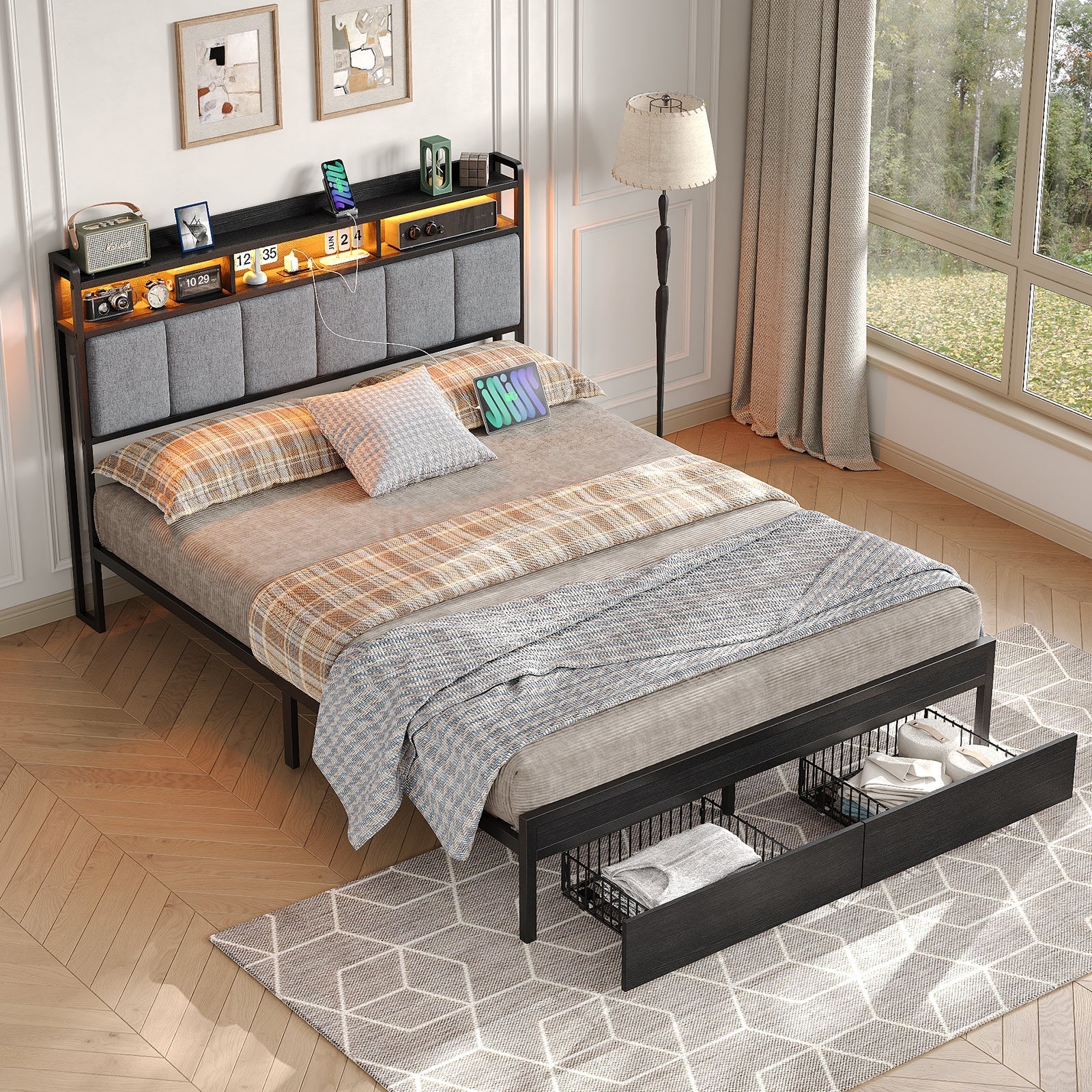 Yanosaku BF016-BL Full/Queen Bed Frame with RGB LED Headboard, Charging Station, 2 Drawers, 2 USB & 2 AC Outlets, Easy Assembly, No Box Spring, Black