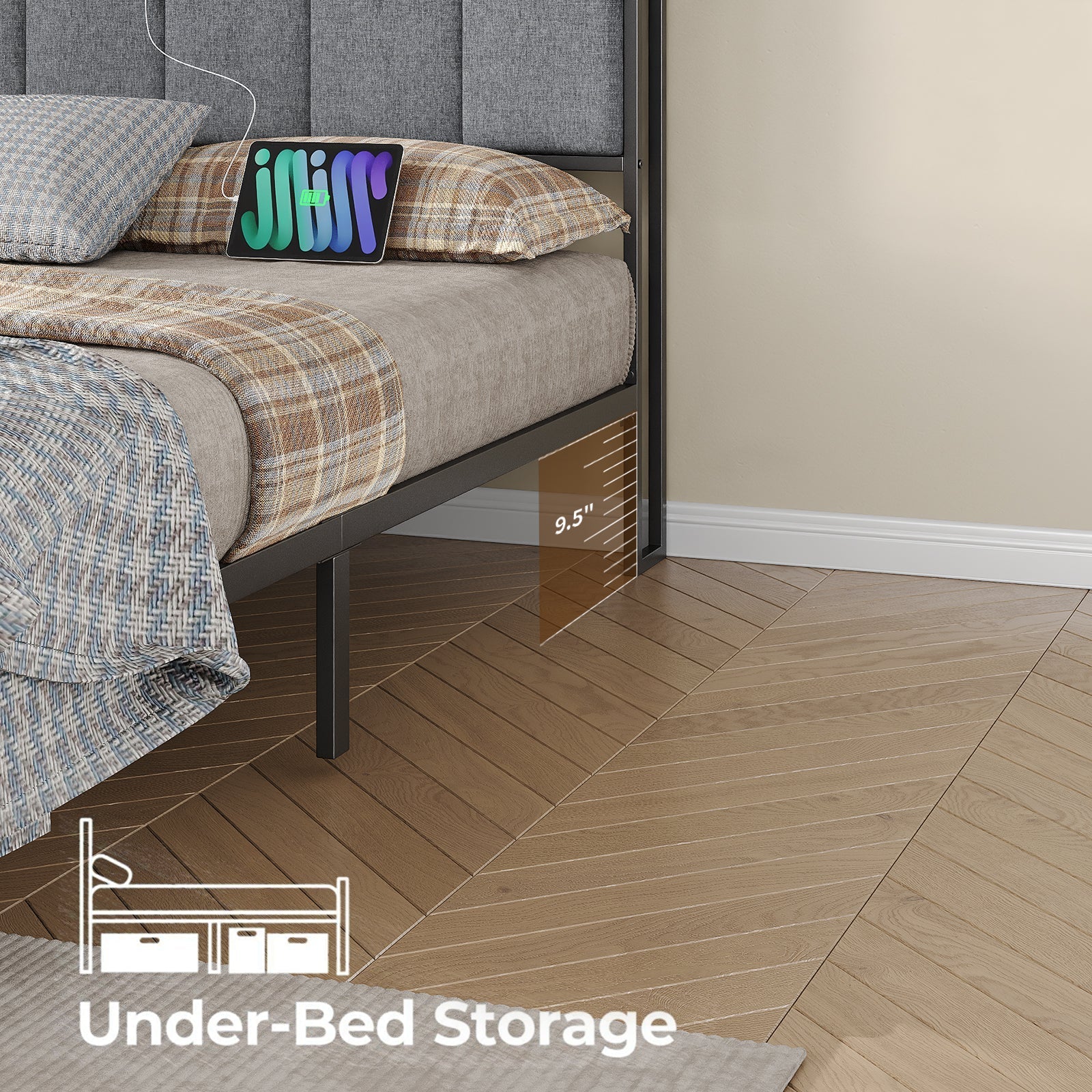 Yanosaku BF016-BL Full/Queen Bed Frame with RGB LED Headboard, Charging Station, 2 Drawers, 2 USB & 2 AC Outlets, Easy Assembly, No Box Spring, Black