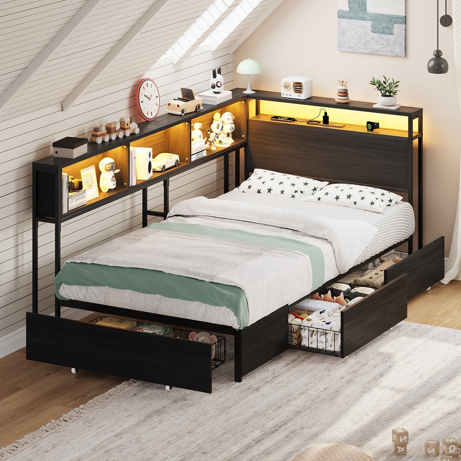 Yanosaku BF017-BL-T Twin Corner Bed Frame with RGB LED Headboard, Charging Station & 3 Drawers, Metal Platform Daybed for Kids/Teens, Black