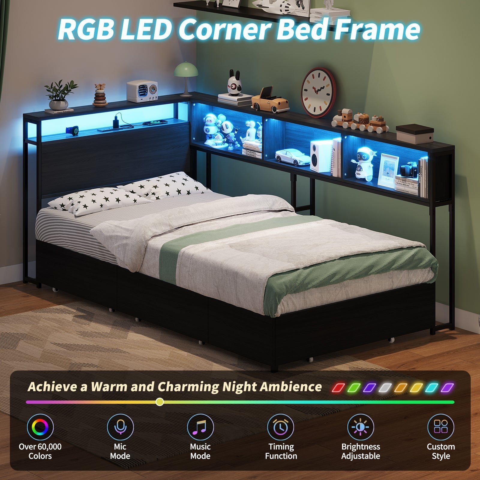 Yanosaku BF017-BL-T Twin Corner Bed Frame with RGB LED Headboard, Charging Station & 3 Drawers, Metal Platform Daybed for Kids/Teens, Black