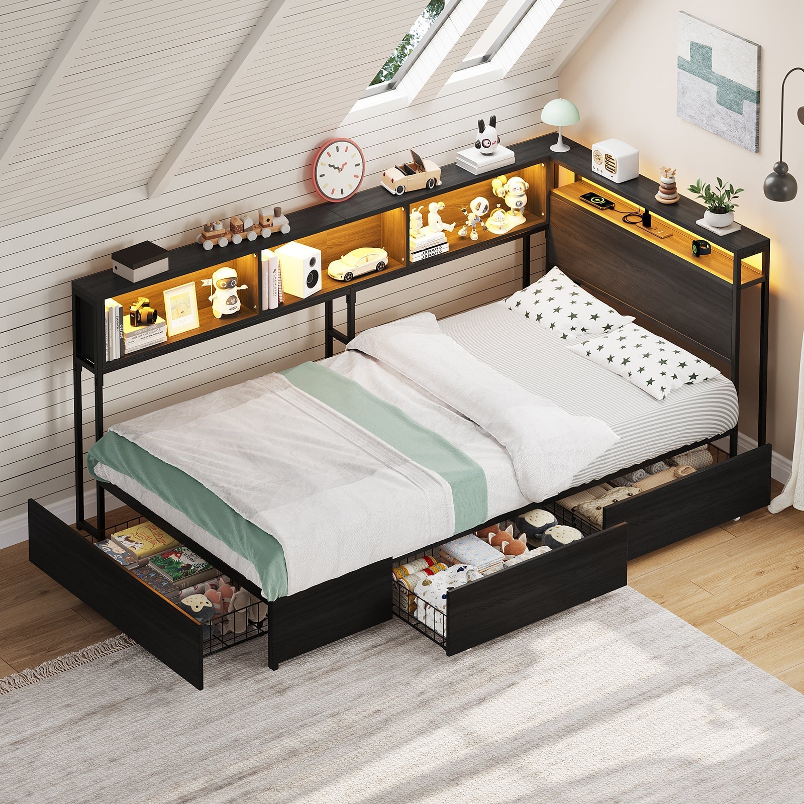 Yanosaku BF017-BL-T Twin Corner Bed Frame with RGB LED Headboard, Charging Station & 3 Drawers, Metal Platform Daybed for Kids/Teens, Black