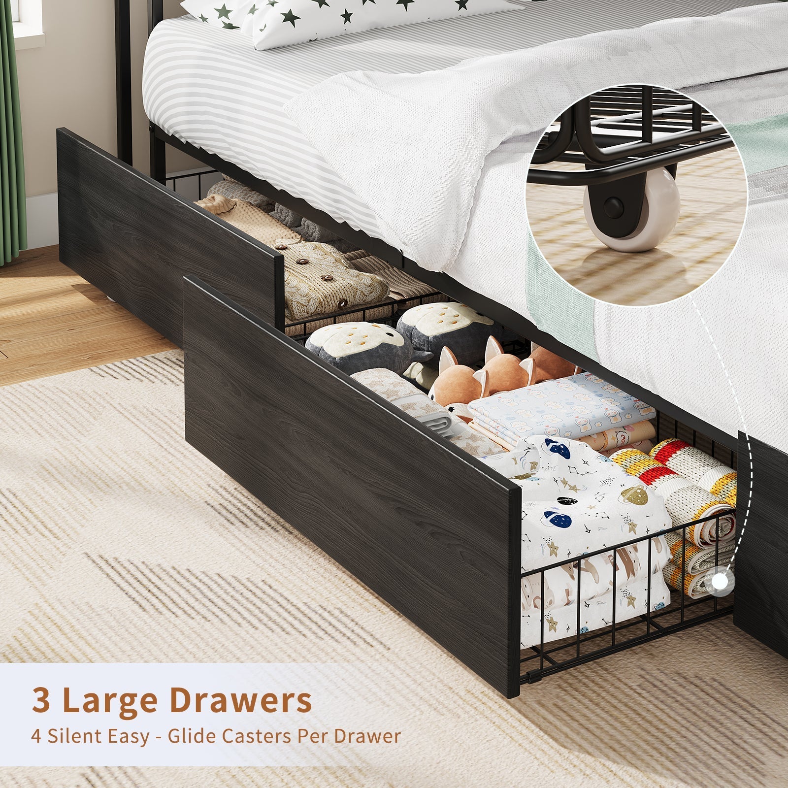 Yanosaku BF017-BL-T Twin Corner Bed Frame with RGB LED Headboard, Charging Station & 3 Drawers, Metal Platform Daybed for Kids/Teens, Black