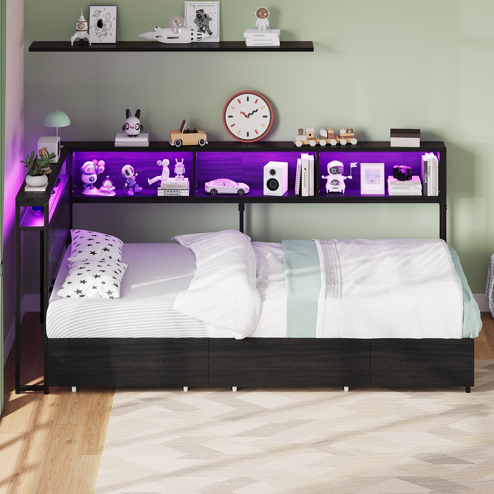 Yanosaku BF017-BL-T Twin Corner Bed Frame with RGB LED Headboard, Charging Station & 3 Drawers, Metal Platform Daybed for Kids/Teens, Black