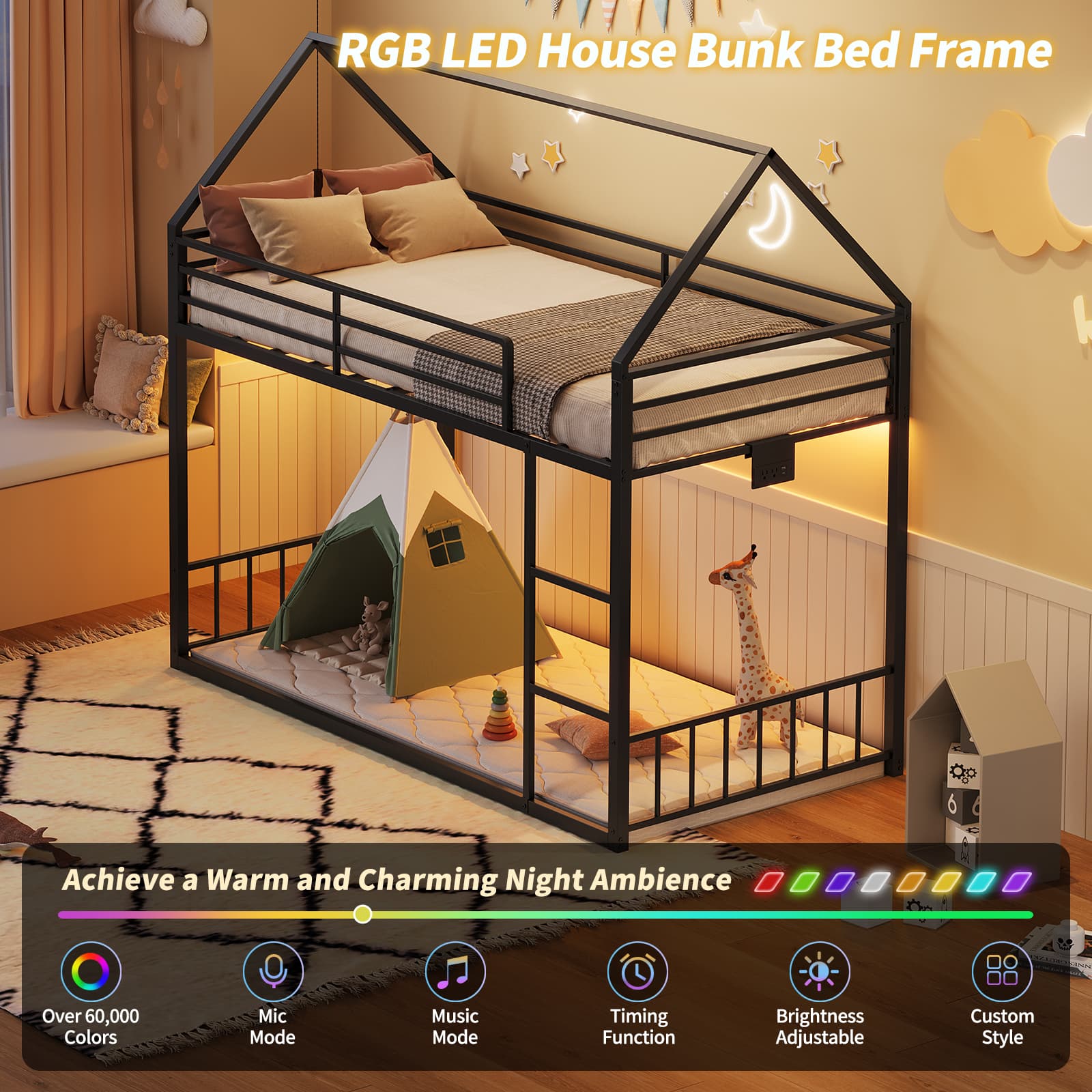 Yanosaku BF019-BK-T Twin Bunk Bed Frame with Charging Station & RGB LED, Easy Assembly, Storage Space, House Metal Frame with Ladder