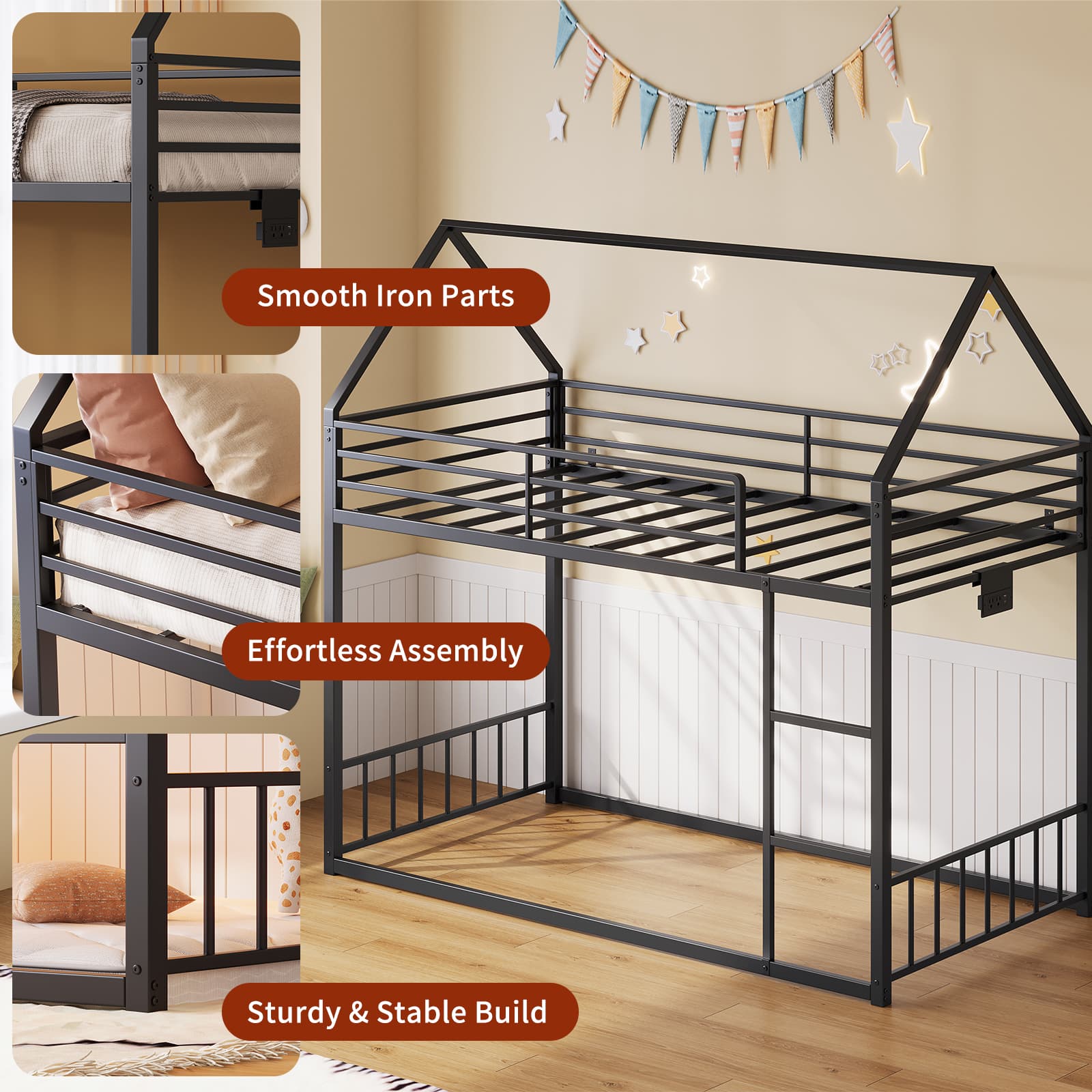 Yanosaku BF019-BK-T Twin Bunk Bed Frame with Charging Station & RGB LED, Easy Assembly, Storage Space, House Metal Frame with Ladder