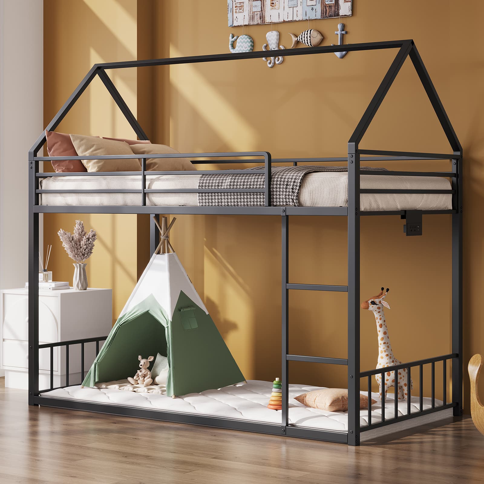 Yanosaku BF019-BK-T Twin Bunk Bed Frame with Charging Station & RGB LED, Easy Assembly, Storage Space, House Metal Frame with Ladder