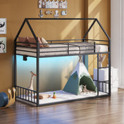 Yanosaku BF019-BK-T Twin Bunk Bed Frame with Charging Station & RGB LED, Easy Assembly, Storage Space, House Metal Frame with Ladder