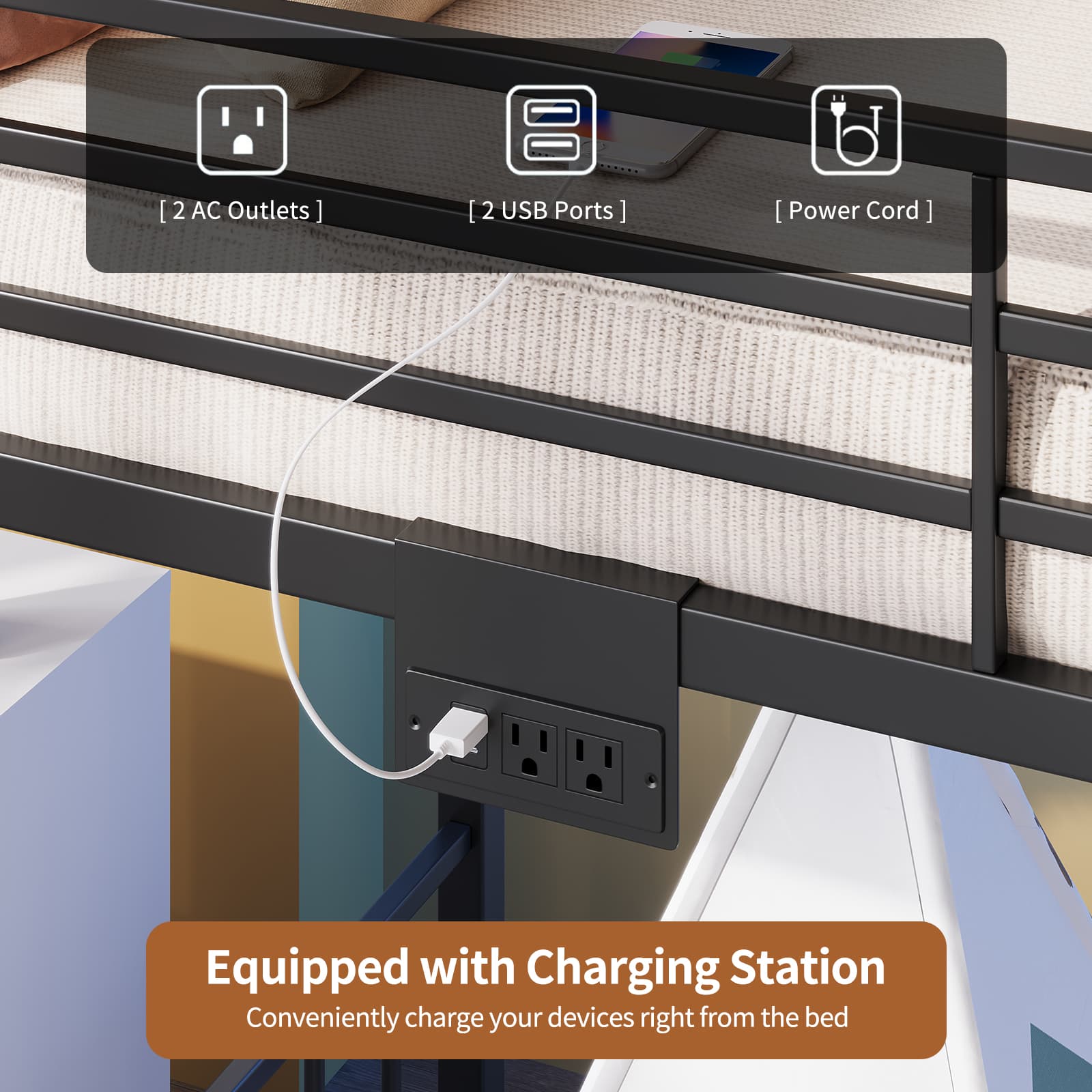 Yanosaku BF019-BK-T Twin Bunk Bed Frame with Charging Station & RGB LED, Easy Assembly, Storage Space, House Metal Frame with Ladder