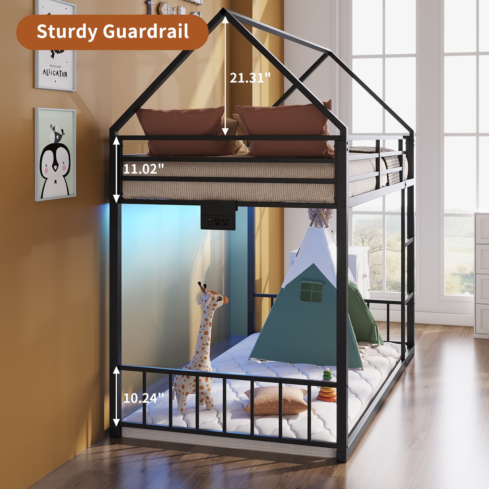 Yanosaku BF019-BK-T Twin Bunk Bed Frame with Charging Station & RGB LED, Easy Assembly, Storage Space, House Metal Frame with Ladder