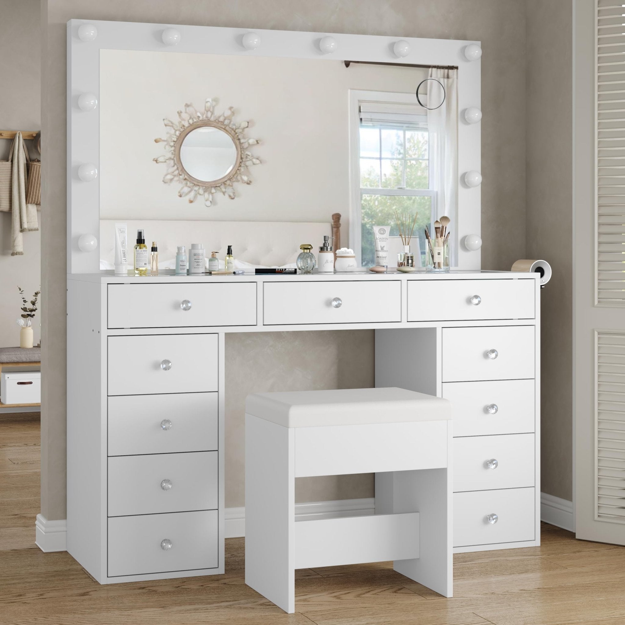 Makeup Vanity desk with LED Mirror, 11 Drawers