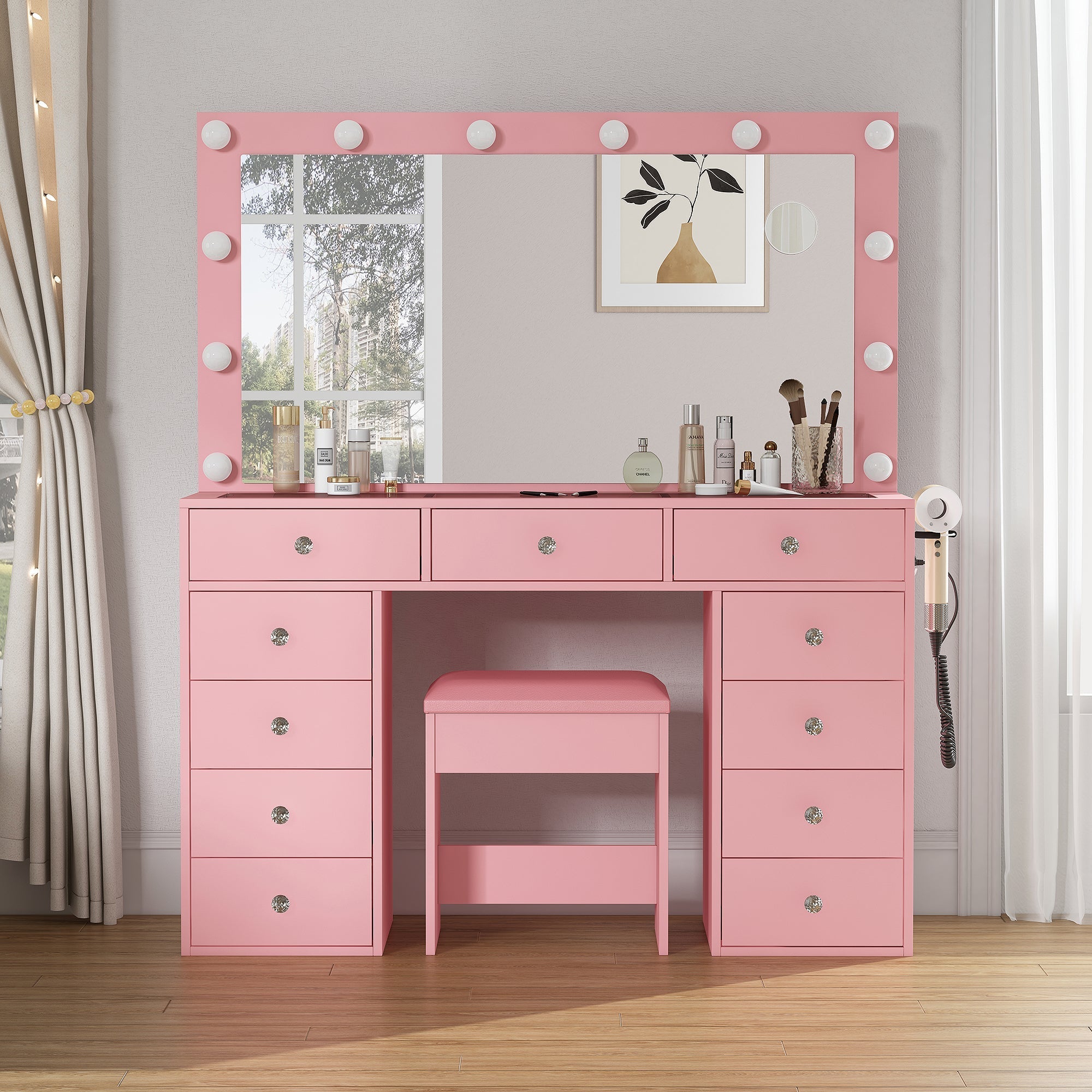 Makeup Vanity desk with LED Mirror, 11 Drawers